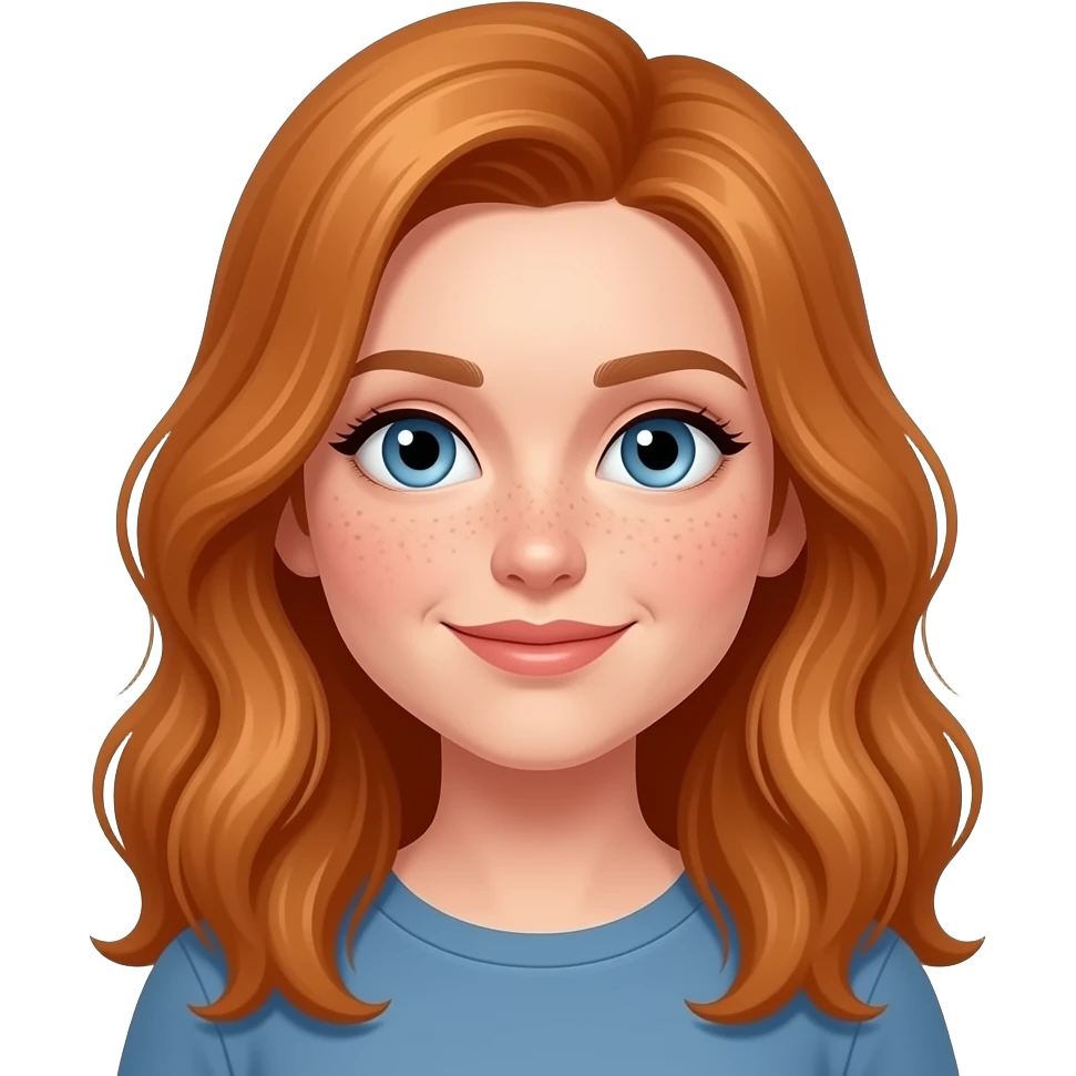 A white woman with long wavy ginger hair. She has freckles and blue eyes. emoji