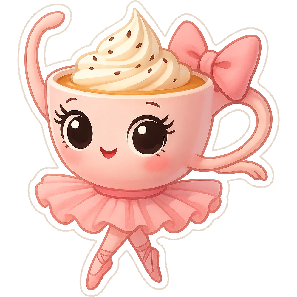 A pink teacup is dancing ballet. It has strange big eyes on it and a big pink bow on the handle. emoji