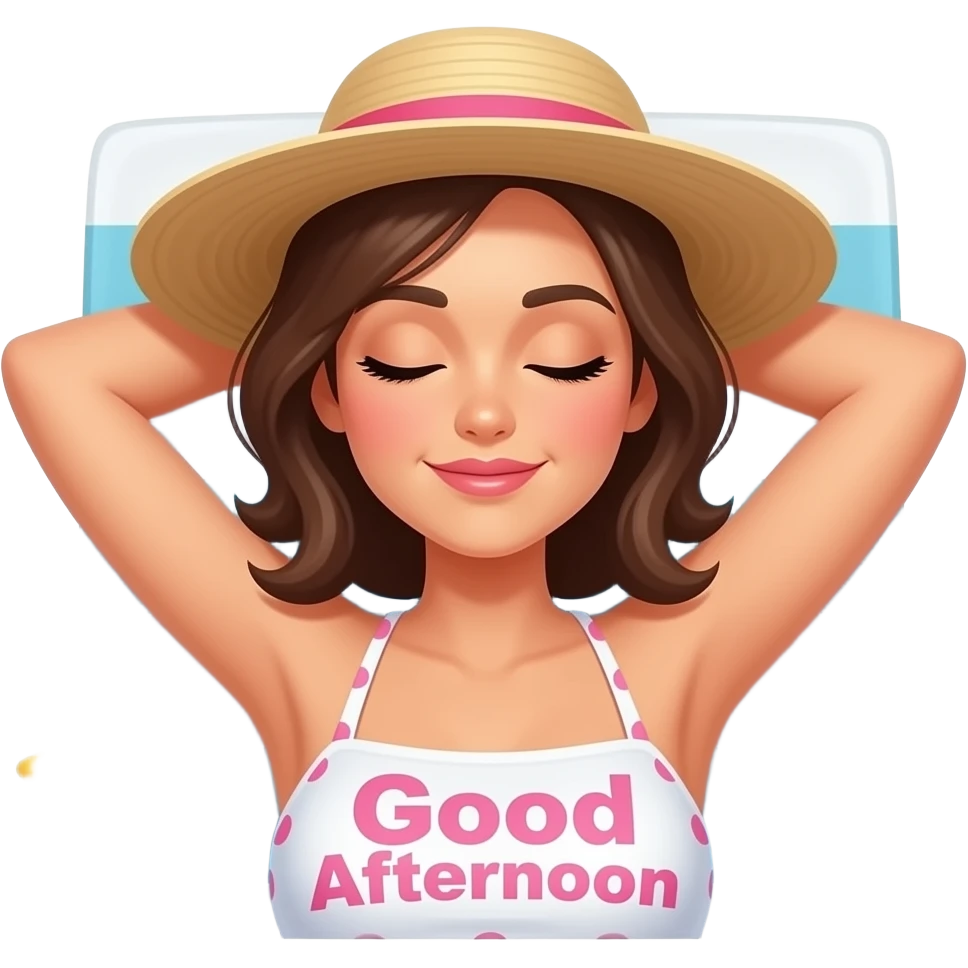 A bikini woman wearing a sun hat lying down on a beach towel tanning on the beach with eyes closed and the words 'Good Afternoon' in pink printed across emoji