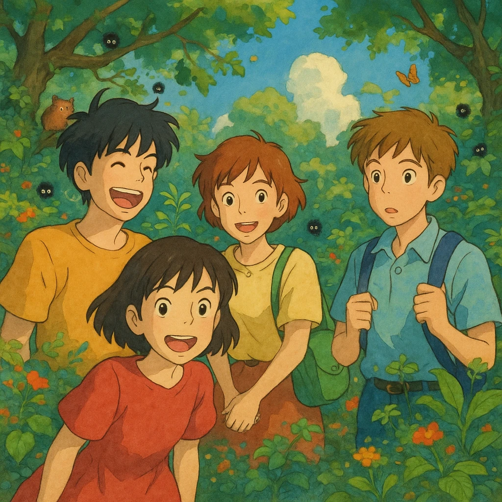 a group of young people, ghibli style emoji