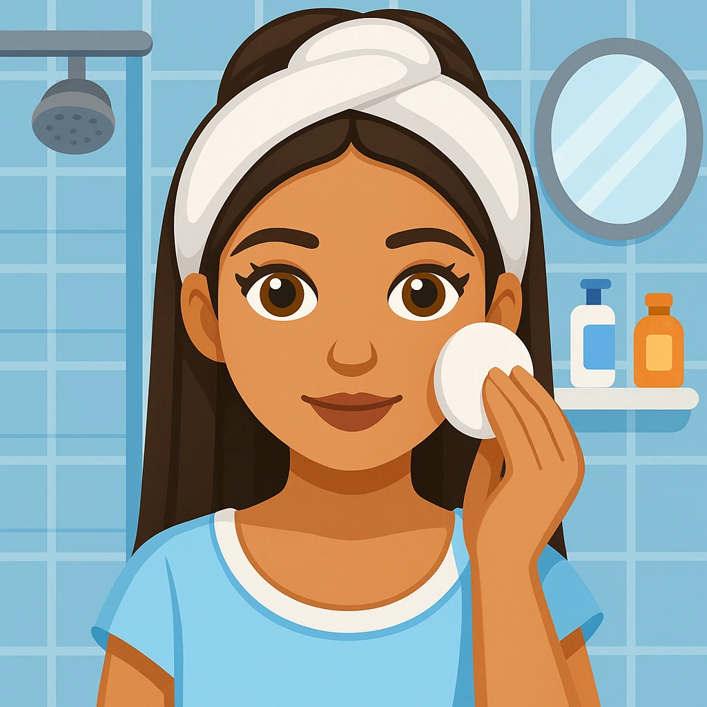 Add a bathroom background behind the Latin girl using a cotton pad to remove makeup. The style should resemble emoji style with simple, colorful, and concise features. emoji