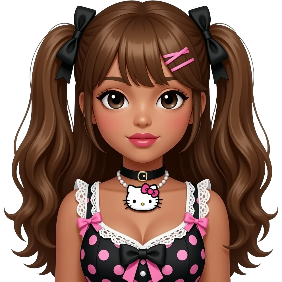 my melody hairclip, dark brown skin, Doll faced shaped, hello kitty necklace, bimbo, black doll eyes, Big lips, long honey brown hair, with white or black lace pink polka dots with gyaru sleeveless shirt, with hime gyaru bows, big breast emoji