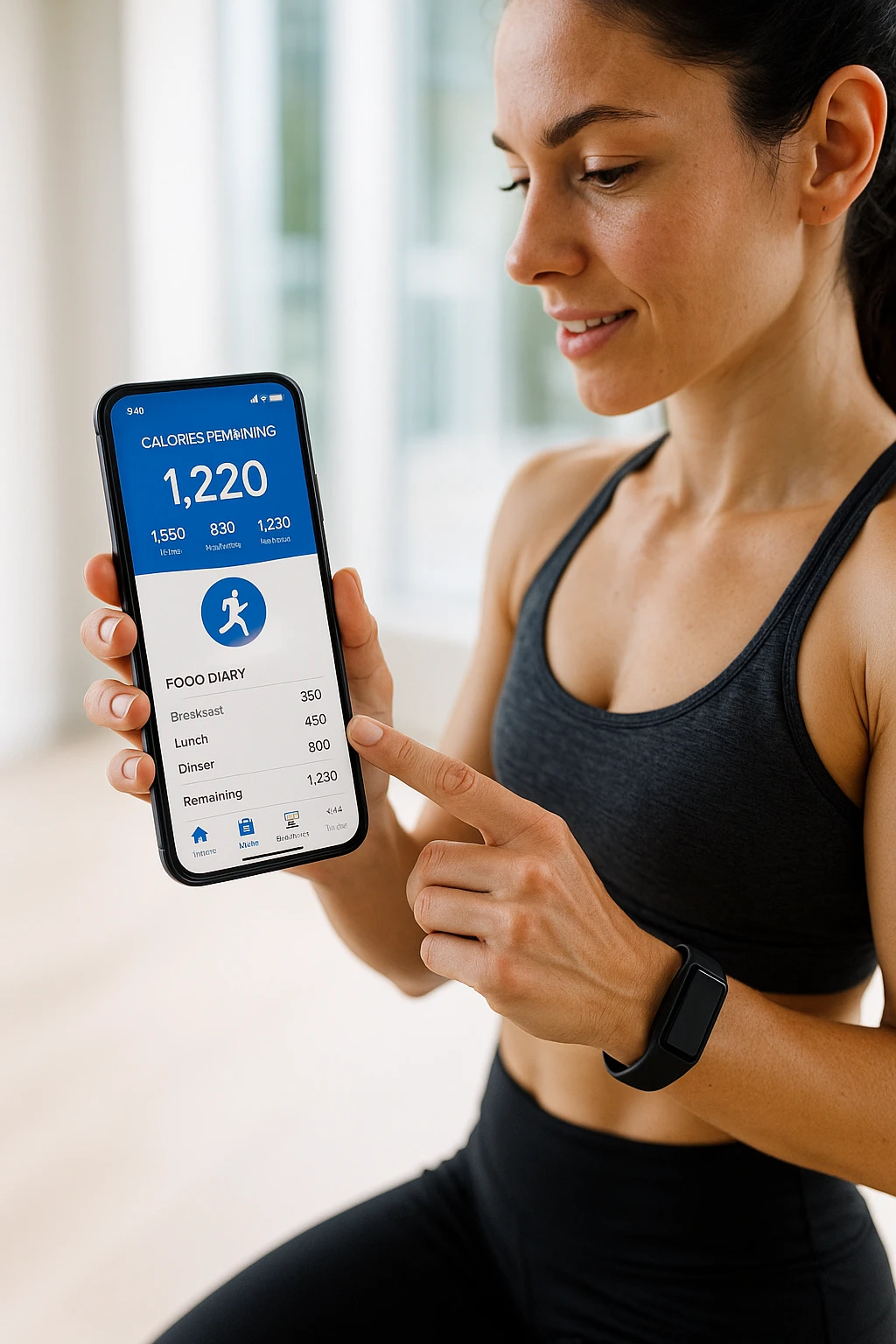 Donna sportiva che usa app contacalorie come myfitnesspal emoji
