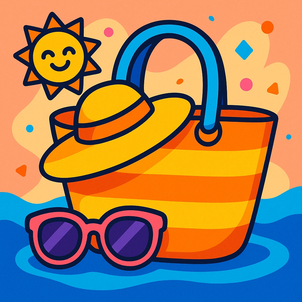 summer bag, bright colors, playful, with sunglasses and a sun hat emoji