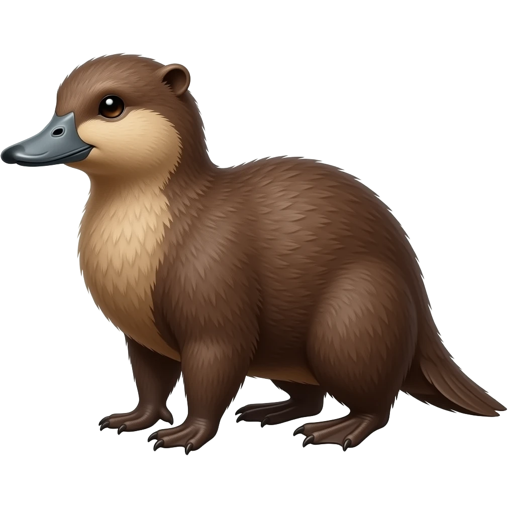 Creature: Duck's head (but brown fur and gray beak) and beaver's body, full body, side view, facing left, standing on FOUR legs with webbed feet, no ears emoji
