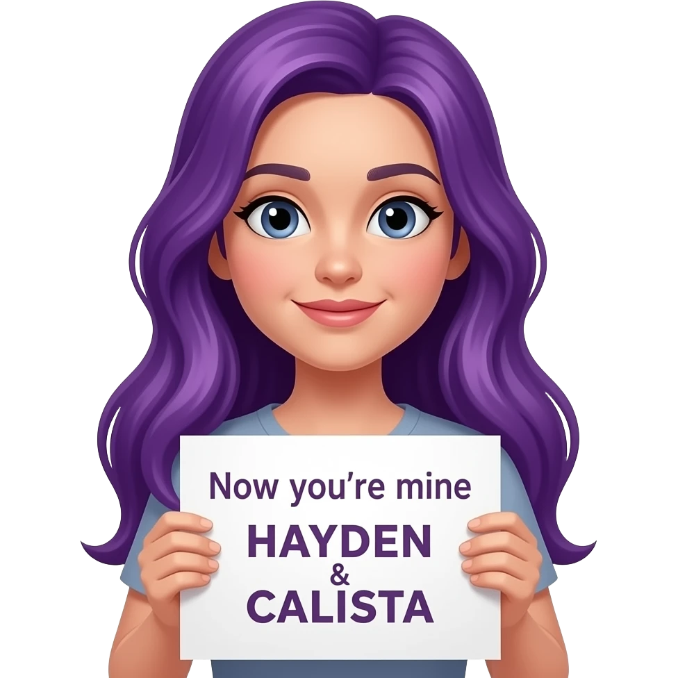 girl with long purple hair holding a Now you're mine HAYDEN & CALISTA sign emoji