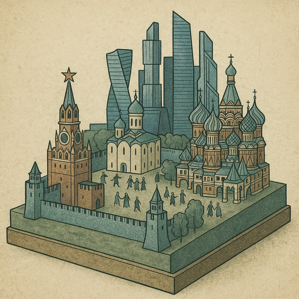 Изометричная миниатюрная 3D модель Москвы на подставке - фотореалистичный Кремль, собор Василия Блаженного, Сити, аккуратная детализация, яркие цвета мультяшный реализм, компактная композиция,  вид сверху в изометрии emoji