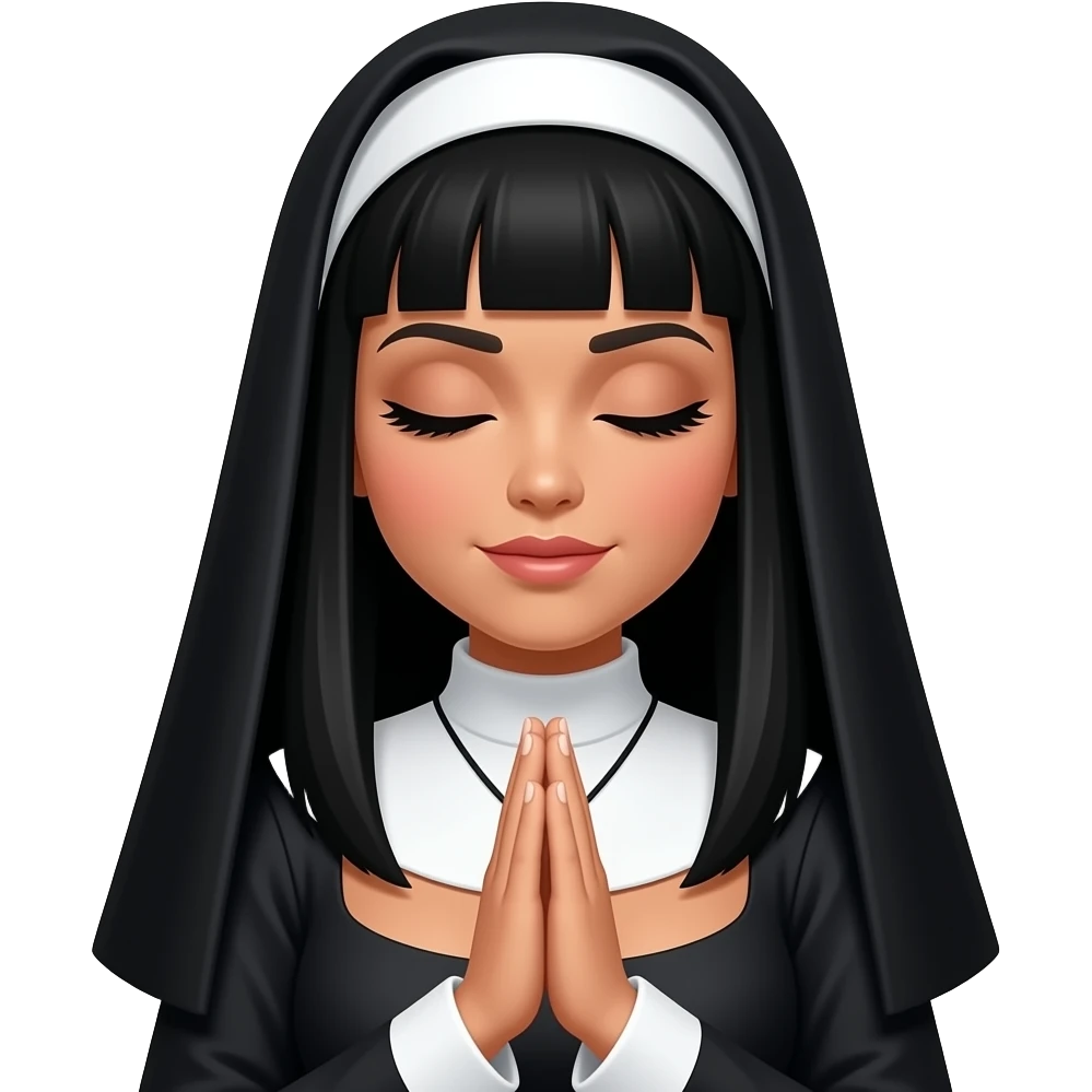 Medium Tan skin Filipino Women in sexy nun outfit with long black hair, straight across bangs dark eyebrows, curvy chest, eyes closed and long eyelashes praying emoji