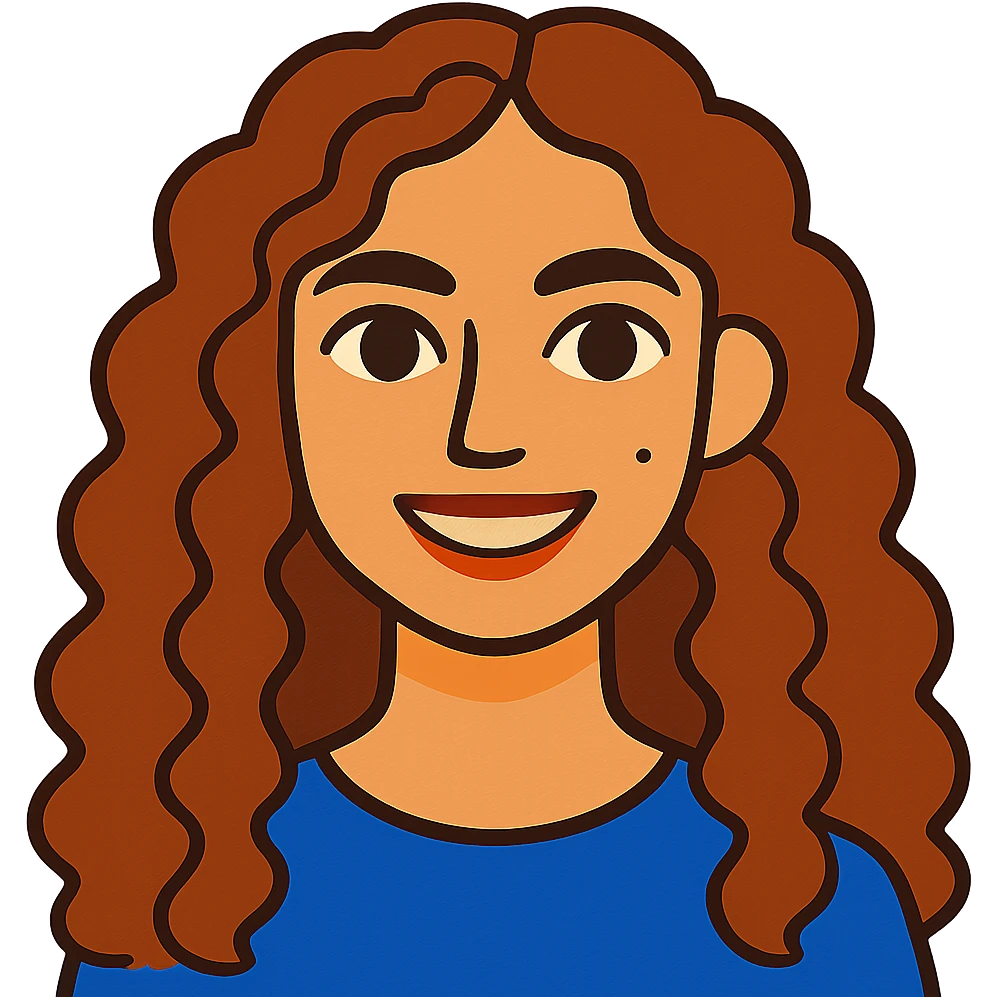 vibrant illustration of a girl with long curly brown hair (not too dark), intense dark brown eyes, clear skin (neither pale nor tan), mole on right cheek, smiling emoji