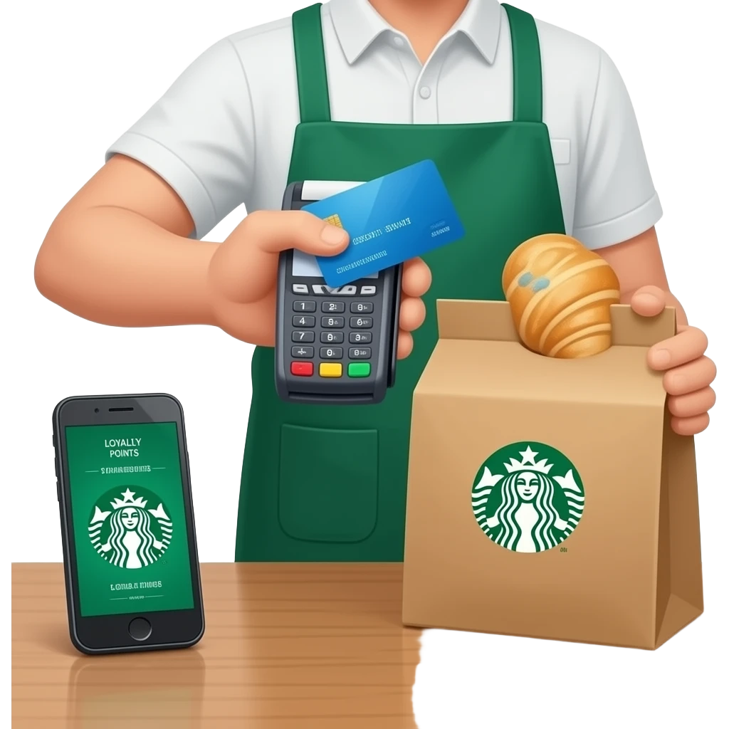 Please show hands of customer left hand they should be paying with their card on POS SYSTEM , have their phone on the table with the starbucks loyalty point and the cahsier should be handing them a pastry in a starbucks packaging emoji