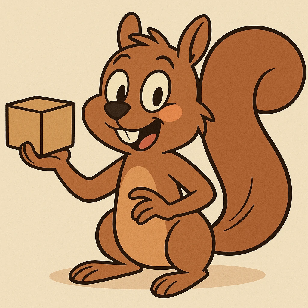 playful squirrel holding a small box with one hand, fun and friendly style emoji
