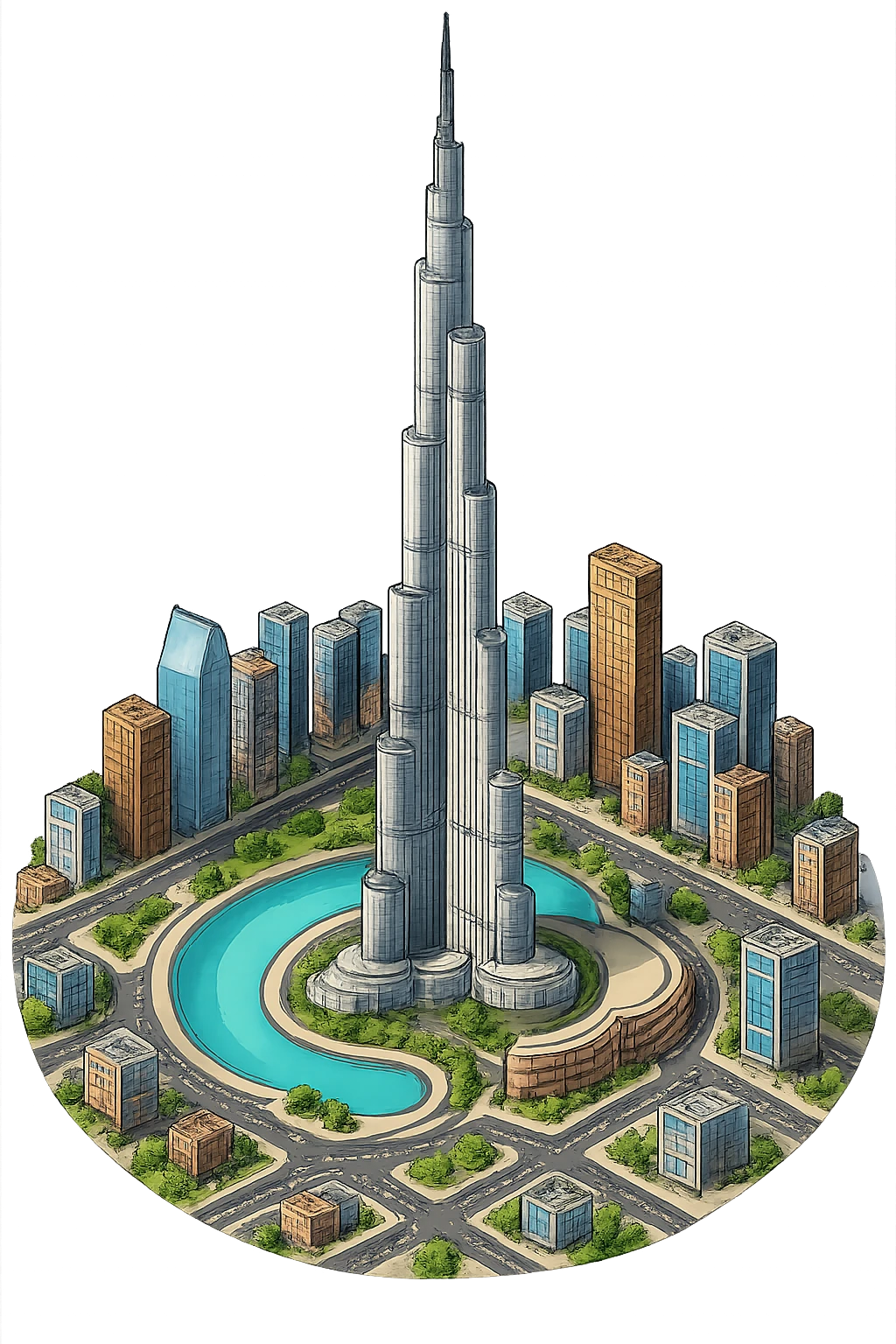 Изометричная, яркая, детализированная и фотореалистичная иллюстрация Burj Khalifa в стиле 3D-коллажей городов, насыщенные цвета, аккуратные и чёткие линии, мультяшно-реалистичная стилистика. Чёткие контуры, не размазанные линии, высокое качество, прозрачный фон, не обрезать края картинки emoji