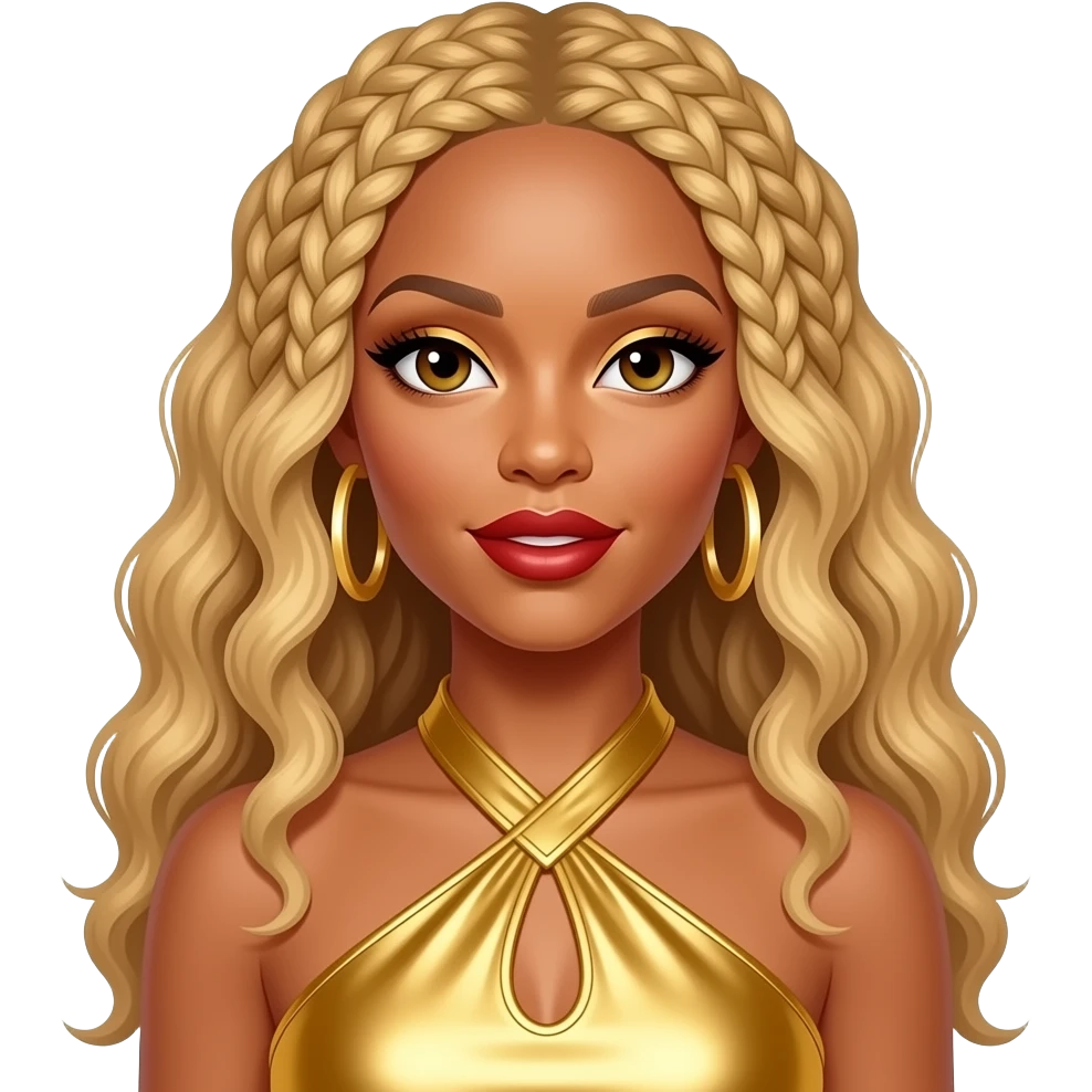 Beyonce from Destiny's Child with hazel eyes, long blonde cornrows with curly ends hair, gold eyeshadow, red lipstick, gold metallic halter dress, gold earrings emoji