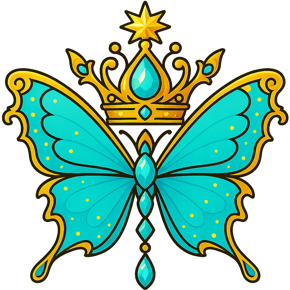 Change the butterfly and crown to a bright cyan color instead of blue, with gold details on the sides and crown exactly as in the original. The look should be vibrant, magical, and luxurious, with glowing cyan and gold tones. Output must be PNG with transparent background, suitable for a Discord role icon. emoji