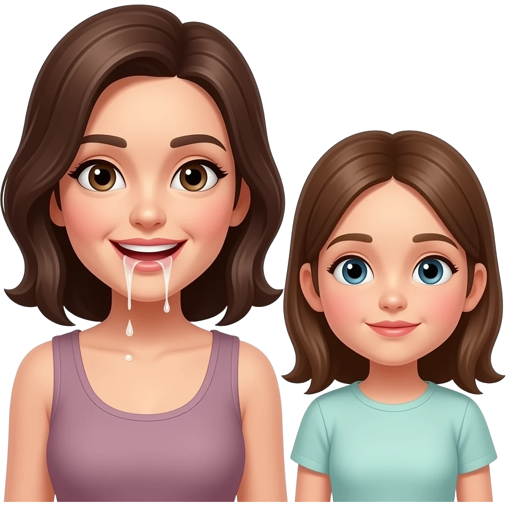 MOther and teen daughter, cum dripping from mothers face and mouth emoji