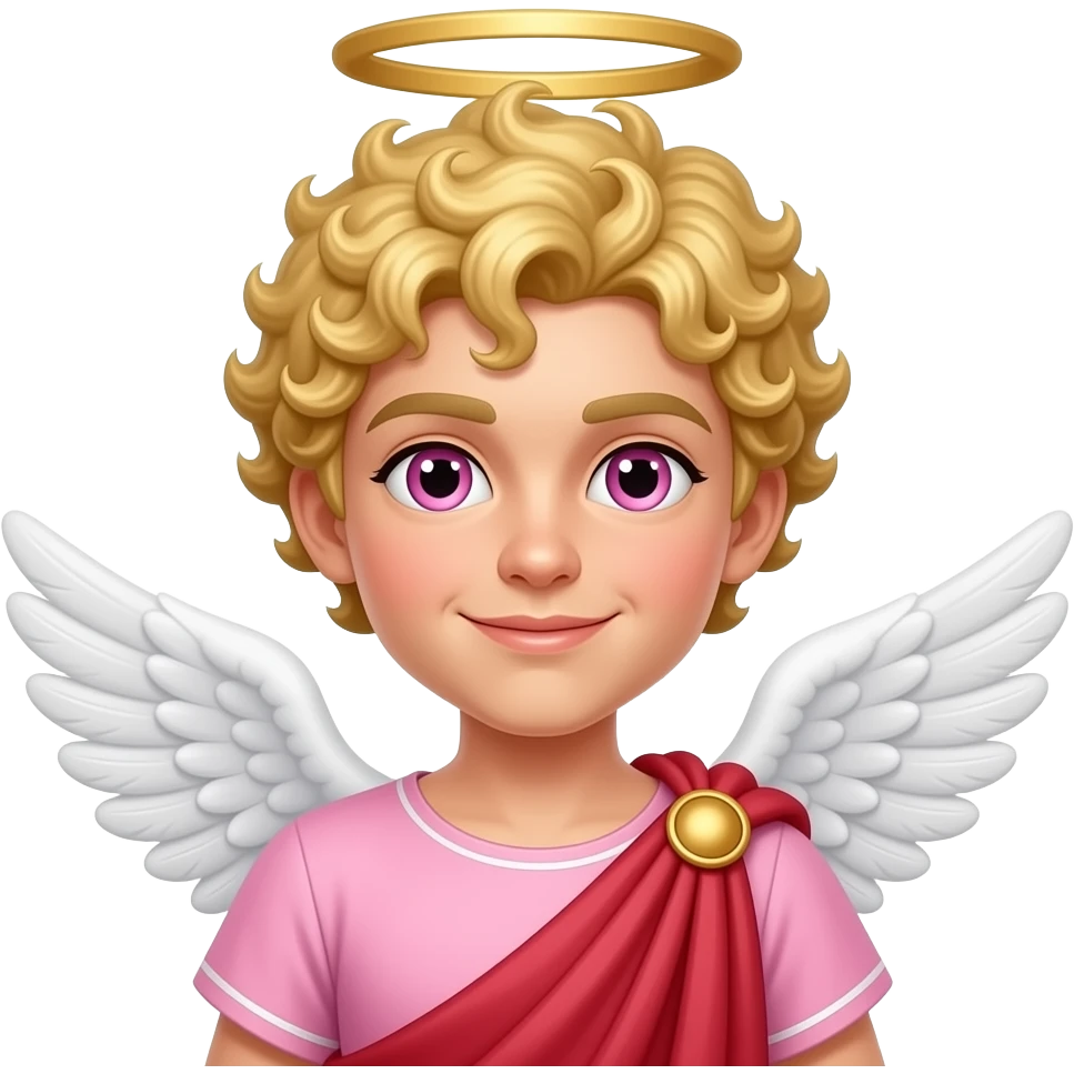 Cupid from Roman Mythology with pink eyes, blonde curly fringe hair, pink tunic, red toga, white wings emoji