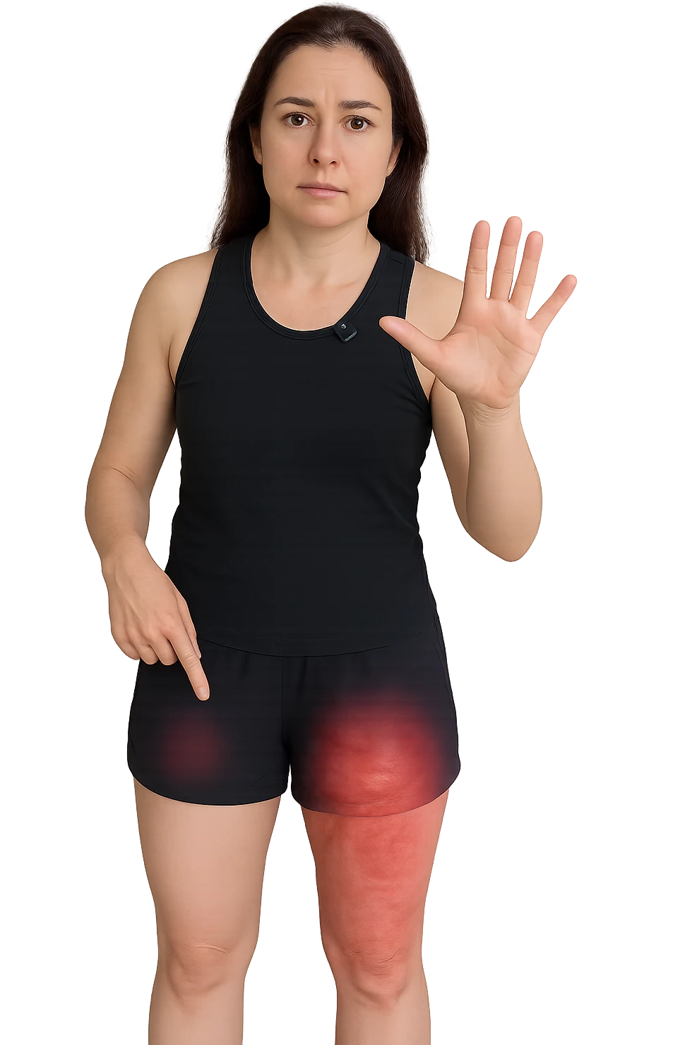 Donna con cellulite sulle cosce indica le cosce che sono infiammate di cellulite emoji