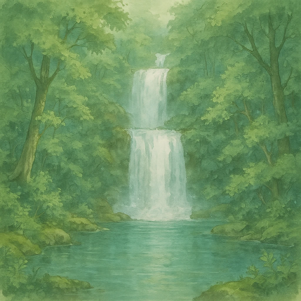 waterfall then lake and the rest of the waterfall in forest, natural colors, soft, fairy-like atmosphere, no background, square size emoji