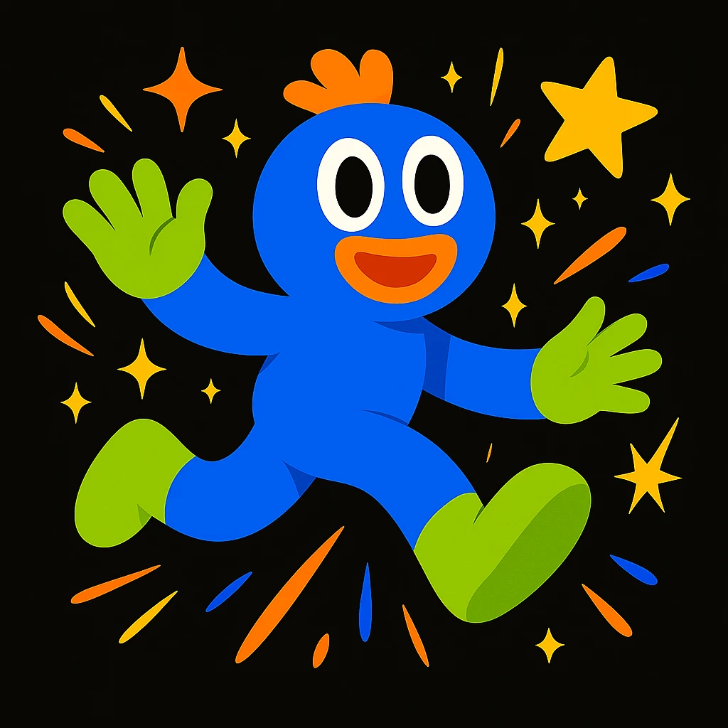 Replace the mascot in this image with the same unified mascot character used in the other two images. Maintain the colorful motion lines, sparkles, and dynamic accents to keep the playful, energetic, and imaginative vibe suitable for a black website background. emoji