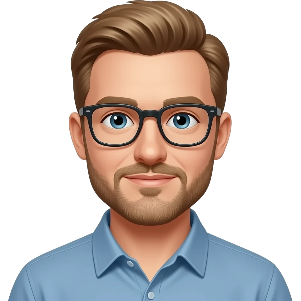 30-year-old man with blondish-brown hair, glasses and facial hair emoji