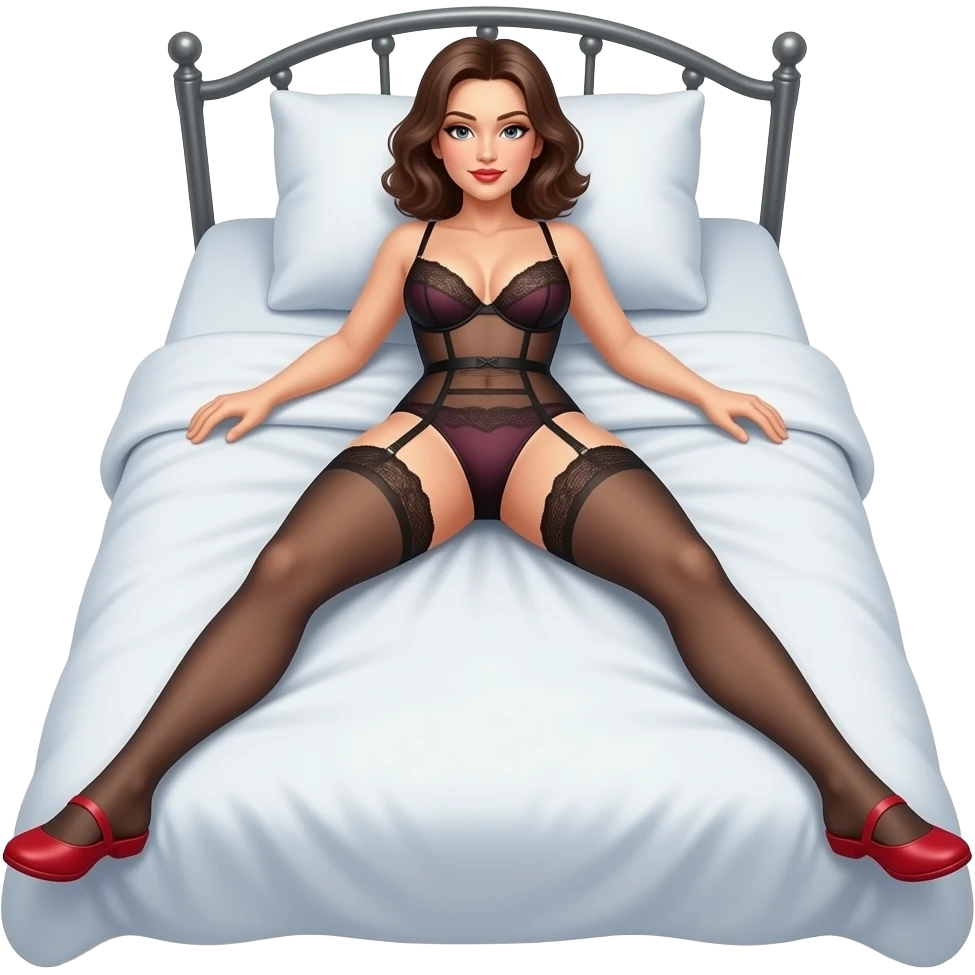 Sexy mature lady looking all sexy laid on a bed in lingerie, stockings and wearing red slippers emoji
