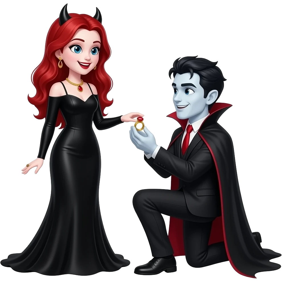 Vampiro femmina adolescente con la pelle bianca e i capelli rossi che indossa un vestito lungo nero e le maniche lunghe e il suo fidanzato vampiro con la pelle bianca sie è inginocchiato per farle la proposta di matrimonio dandole un anello d'oro con un rubino gigante rosso e sono felici emoji