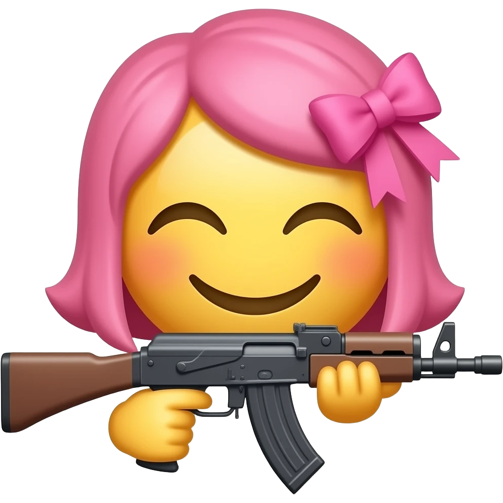 Una cara bonita sonriendo , sin los ojos abiertos sino cerrados pero de emojis hecha como iPhone, aguantando una metralleta y en la metralleta hay un lazo rosa , pero de los que se ponen en el pelo , este pero en rosa 🎀 Que todo quede muy bonito emoji
