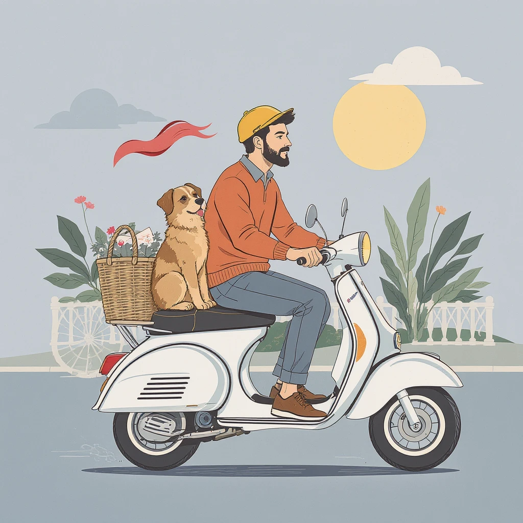 vector art of a man and his pet dog riding a vespa, for website design emoji