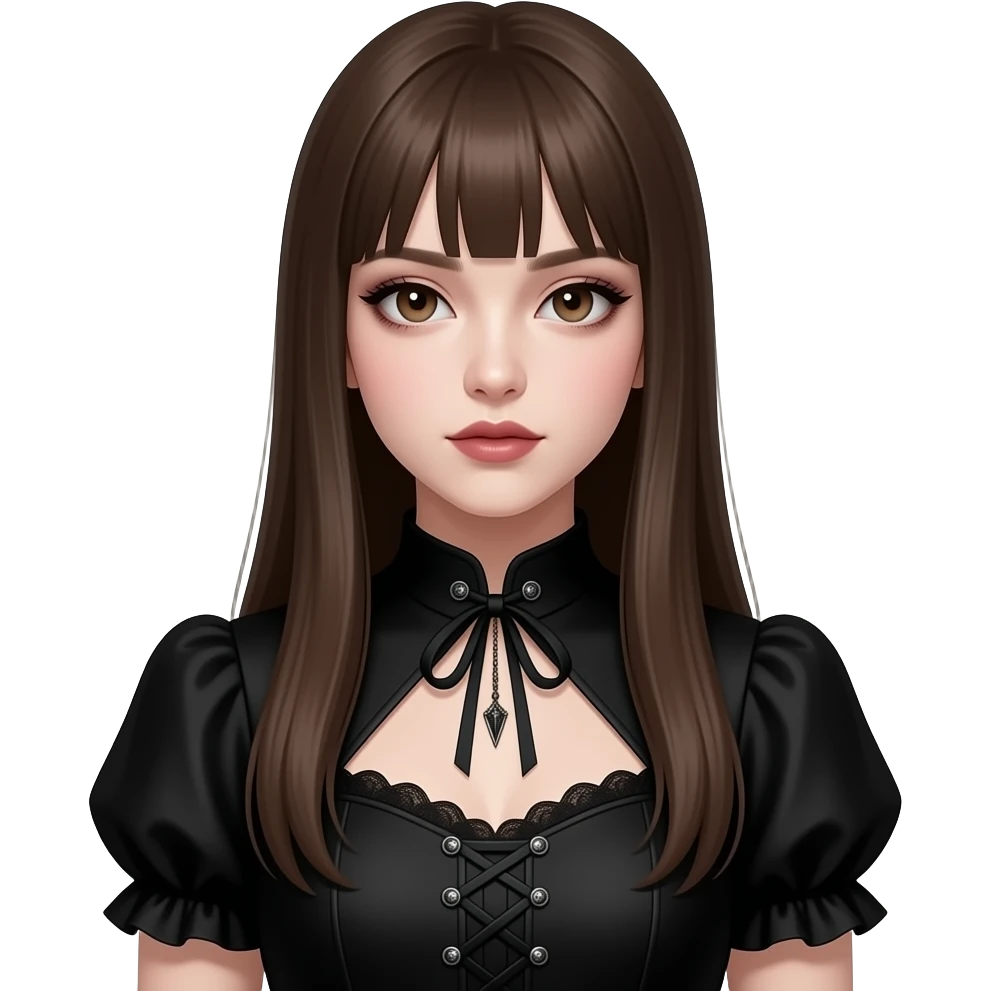 realistic pretty pale skin long straight brown hair girl brown eyes long face wearing gothic dress and gothic makeup HD emoji