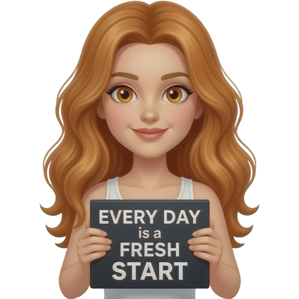 sexy girl with long wavy ginger hair and ginger eyes wearing a white tanktop and is holding a black sign with EVERY DAY is a FRESH START written on it emoji