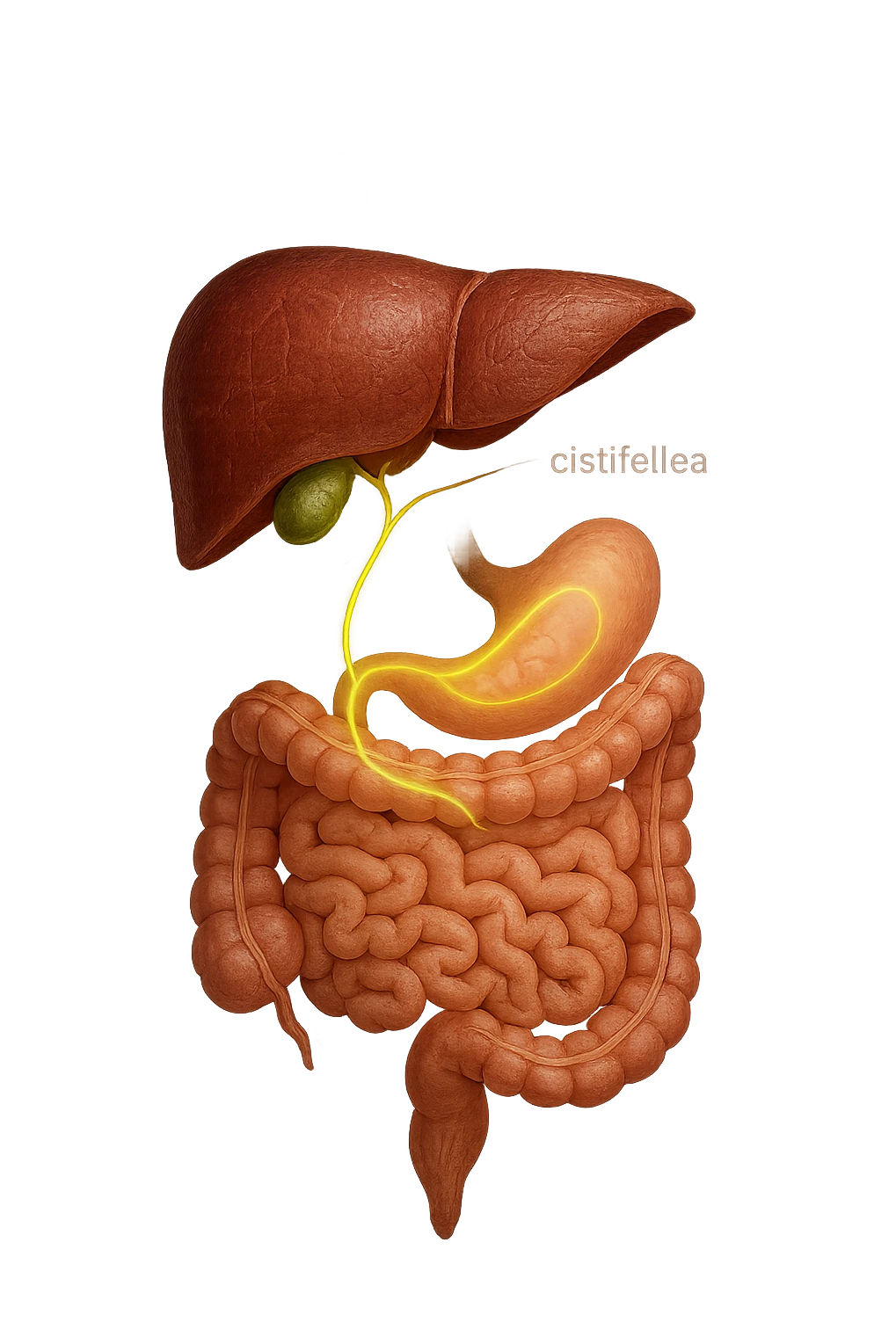 A detailed anatomical illustration-style image focusing on the human torso, highlighting the liver, gallbladder (cistifellea), and intestines. The organs are shown with realistic textures and colors: the liver in deep reddish-brown, the gallbladder as a small greenish sac tucked under the liver, and the intestines in soft pinkish hues. Connecting these organs are glowing, semi-transparent lines or light trails in vibrant colors (e.g., bright yellow or green) that visually trace the functional and physiological links between them. The lines flow smoothly from the liver to the gallbladder and then down to the intestines, symbolizing bile flow and digestive processes. The background is a subtle dark gradient that enhances the brightness and clarity of the lines and organs. The style is a blend of medical illustration and modern digital art, clear, precise, and visually engaging emoji