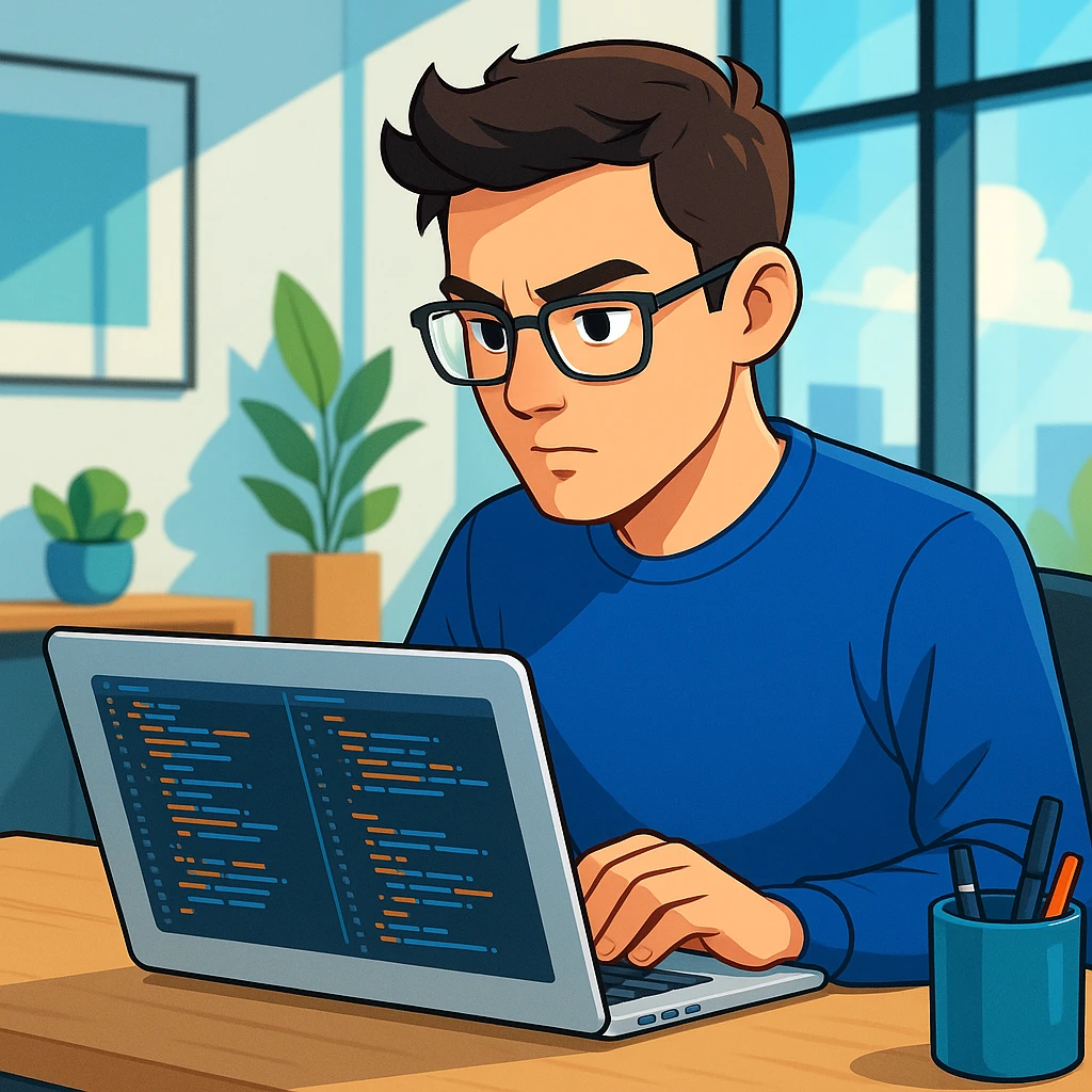 a person coding in front of a MacBook, modern workspace, clear view of laptop and focused expression, digital art style emoji
