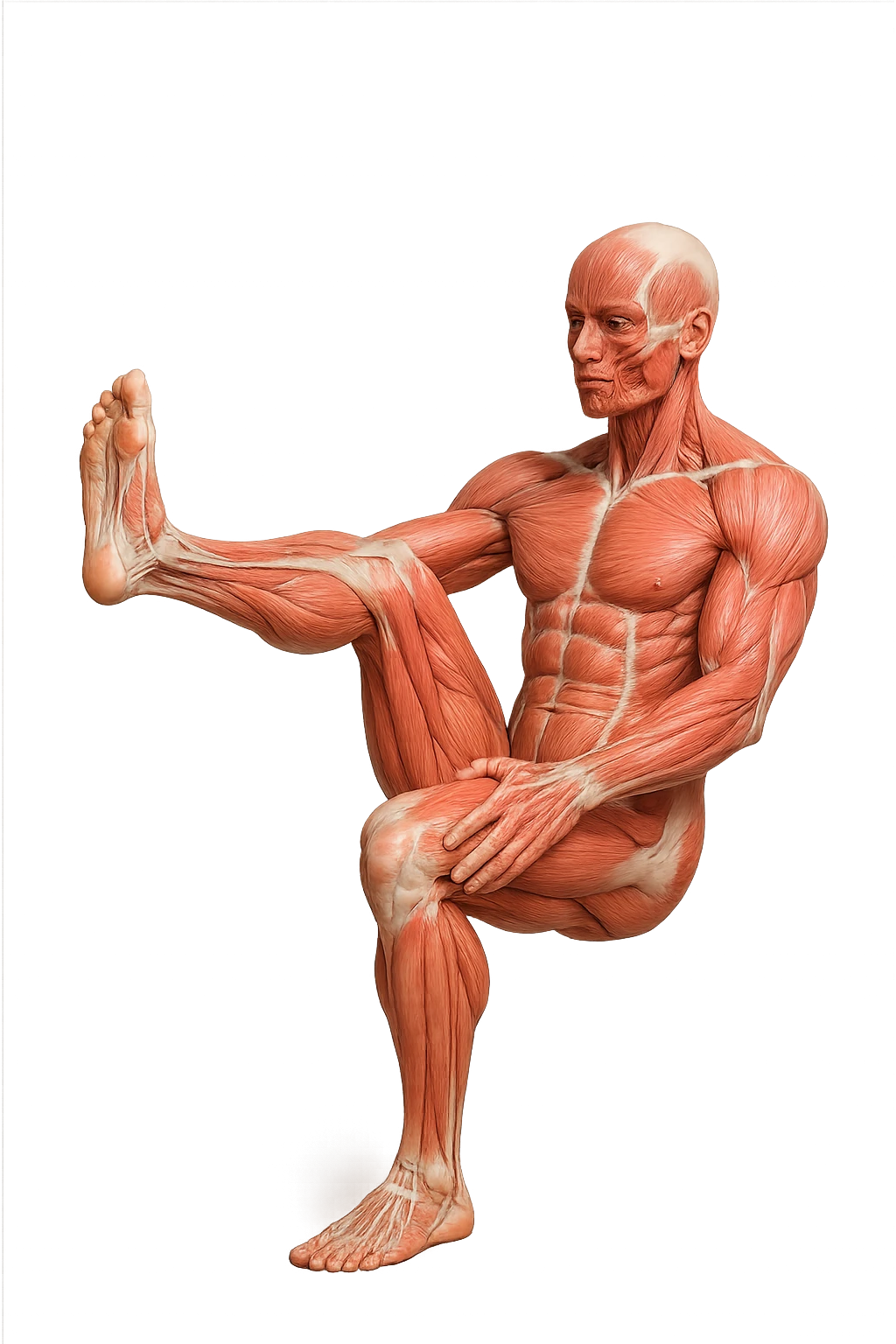 CORPO UMANO ANATOMICO REALISTICO CHE FA UN ESERCIZIO DI MOBILITà ARTICOLARE ALLE GAMBE, IPERREALISTICO 4K emoji