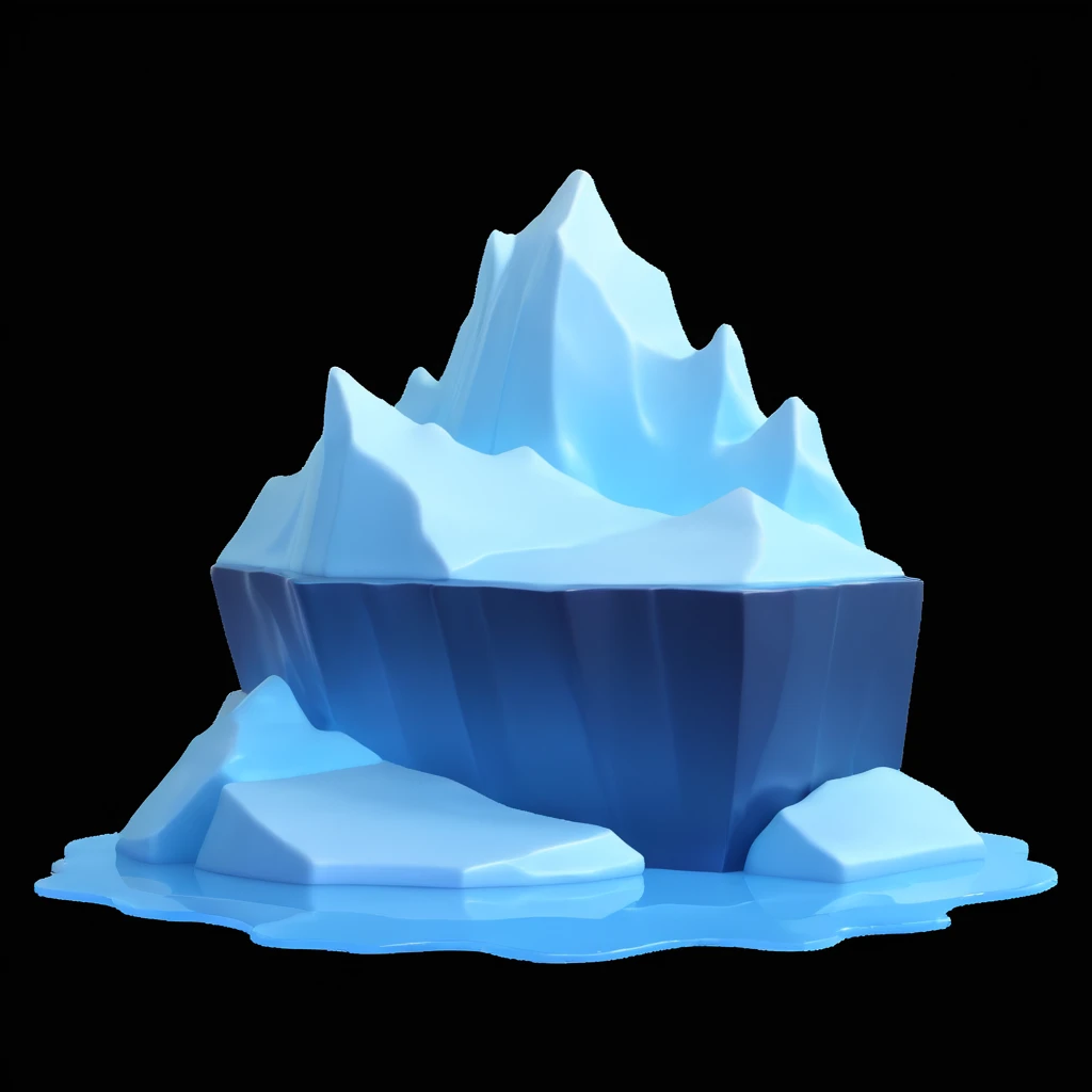 Apple Memoji style: elegant 3D iceberg, no facial features, rounded stylized shape, glossy icy surface, white and pale blue, floating in calm ocean, soft ambient lighting, minimal, Pixar-level rendering, studio background, soft shadows emoji