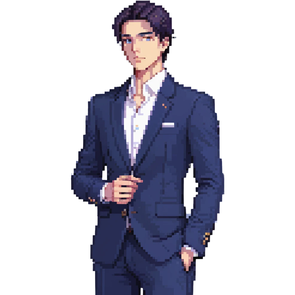 Flat pixel art, focused and confident male strategist, fair skin, short sleek dark hair, intense sharp eyes, wearing a deep indigo suit jacket over a crisp white shirt, holding a futuristic holographic blueprint in one hand, other hand thoughtfully touching chin, waist-up, front-facing emoji