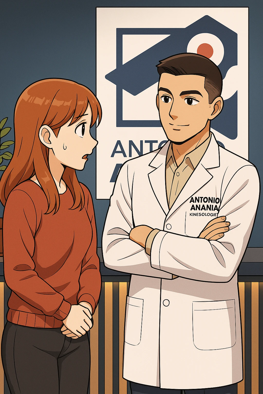 su questo stile fai un manga/webtoon a colori in cui una donna incuriosita fa una DOMANDA ALL'UOMO, l'uomo della foto in stile manga LE risponde, mantieni un ambiente simile alla foto che ho allegato con il suo logo (sarebbe il suo studio, lui è un kinesiologo), scrivigli "ANTONIO ANANIA" sul camice bianco, non mettere fumetti, ma fai in modo che sembri che la donna CHIEDA curiosa E L'UOMO le risponda emoji