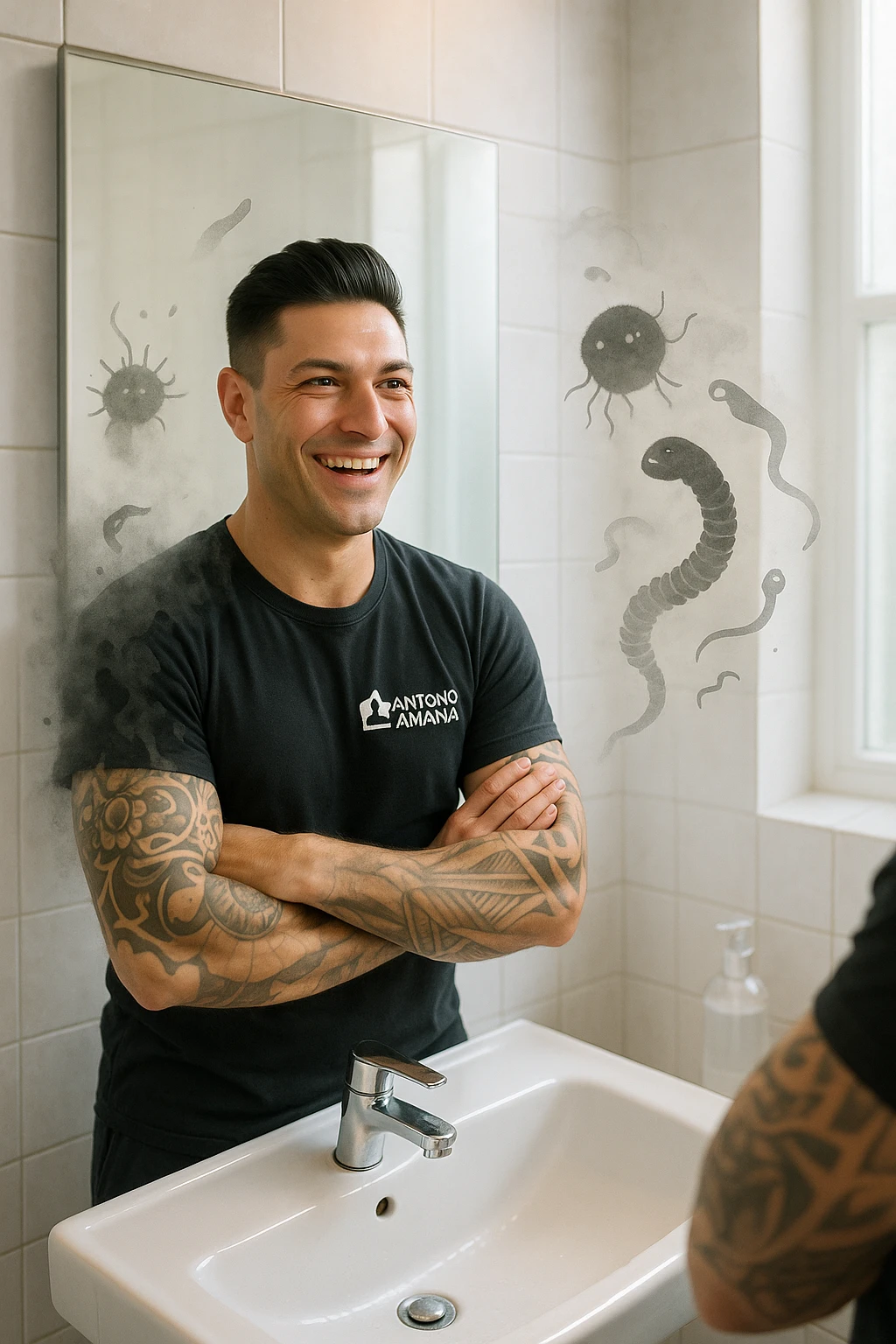 a man stands in a brightly lit bathroom, looking relieved and revitalized as he examines his reflection in the mirror. In the foreground, stylized, shadowy images of parasites (such as worms or protozoa) are shown leaving his body, dissolving into mist or fading away. His posture is upright and his expression is one of newfound energy and health. emoji