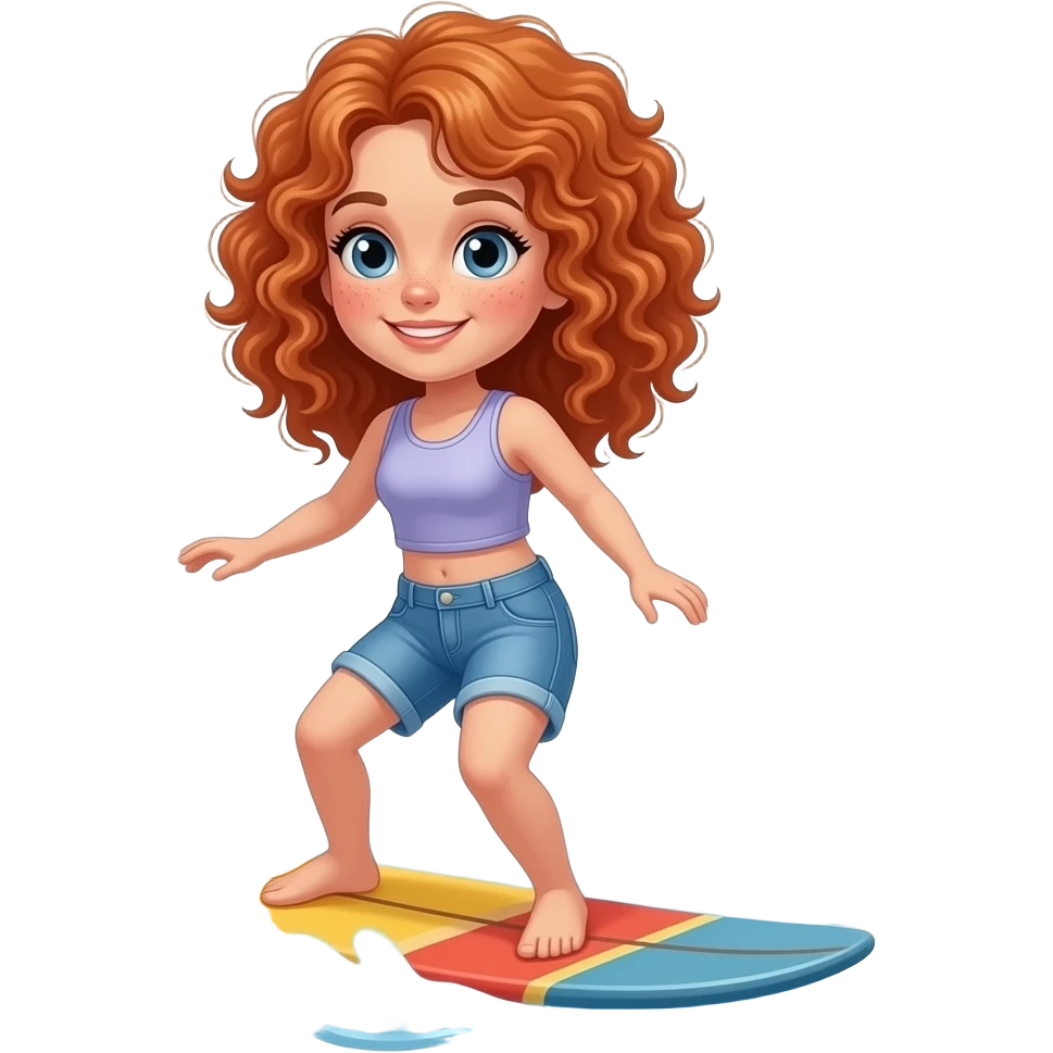 Fille rousse bouclés tâches de rousseur surf emoji