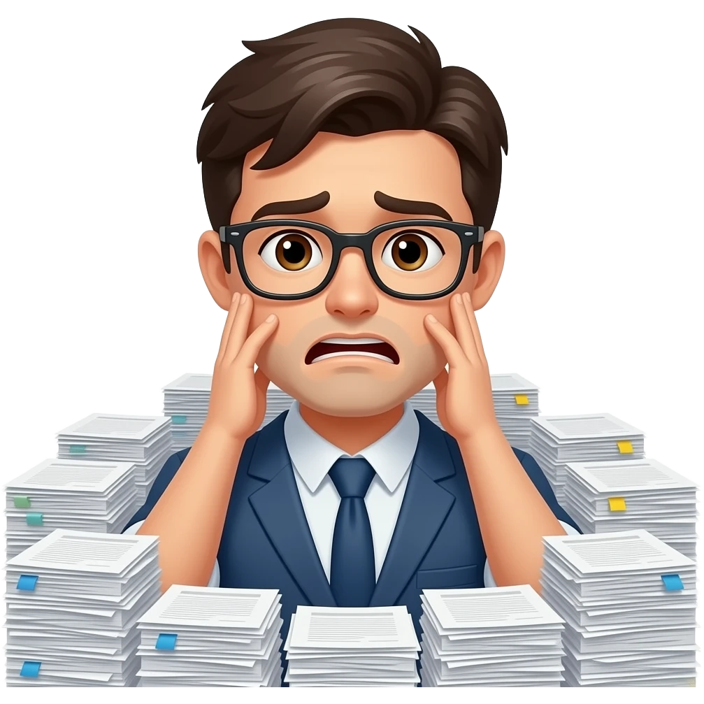 exhausted student with glasses with thousands of documents @emoji emoji