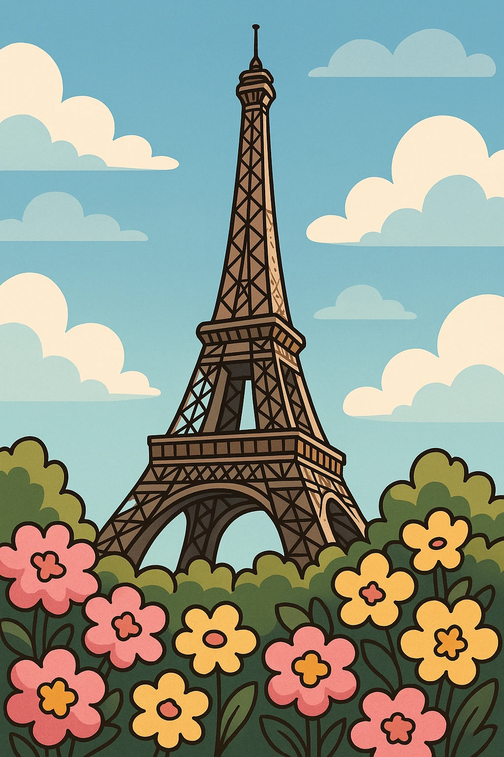 whimsical cartoon style of the Eiffel Tower with lush bushes of pink and yellow flowers at the base emoji