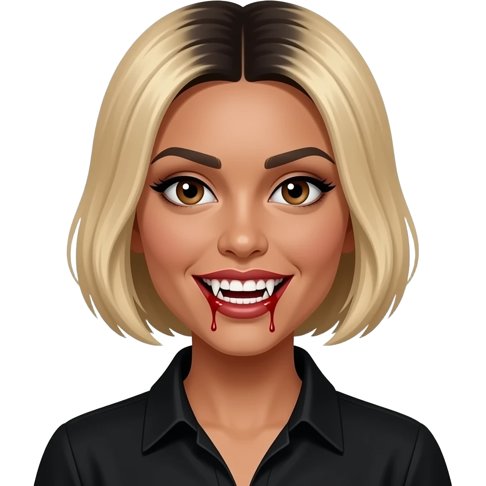 women blond short hair with black roots, black skin, brown eyes, black shirt,  dracula teeth with blood on the fangs emoji