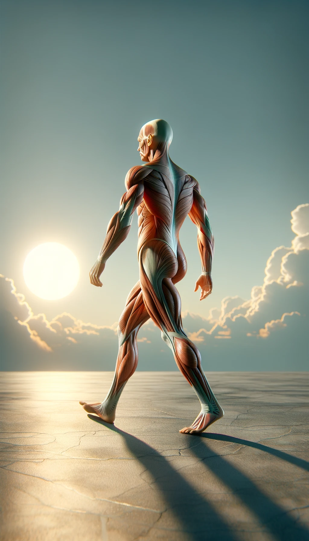 CORPO UMANO ANATOMICO IN PIEDI CHE CAMMINA DI FRONTE AL SOLE ESTIVO, COLORI REALISTICI DEI MUSCOLI, SFONDO CHIARO DEL CIELO, iperrealistico 4k emoji
