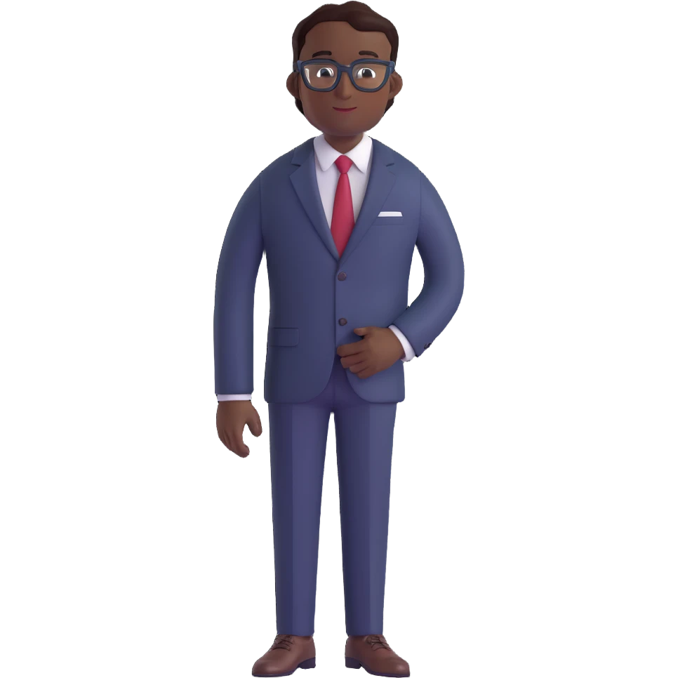 A dark-skinned man in a suit with glasses, full-length emoji