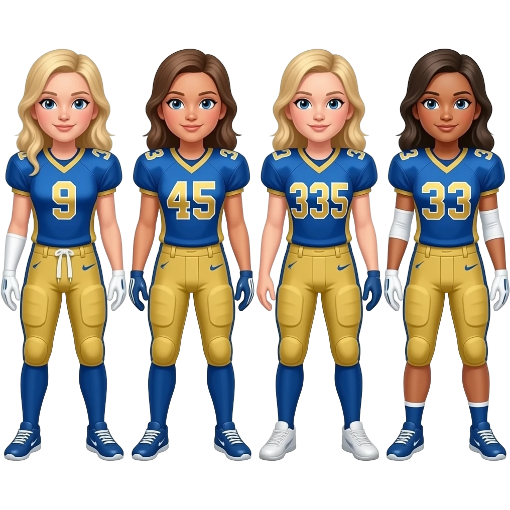 white Girls flag football players wearing Blue and gold with #9, #45, 335, #33 emoji