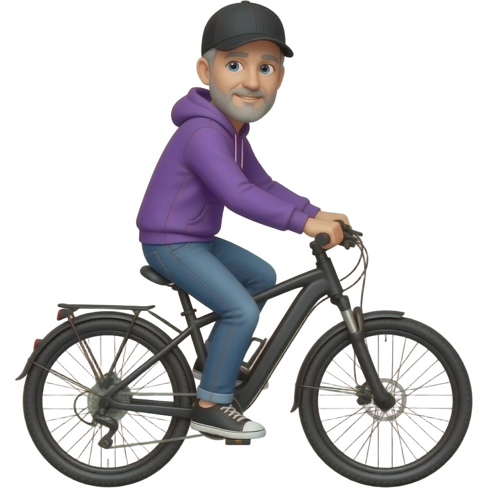 mid-age tall skinny guy with black basecap, circle-beard and purple hoodie and jeans rides a black e-bike on white background. emoji