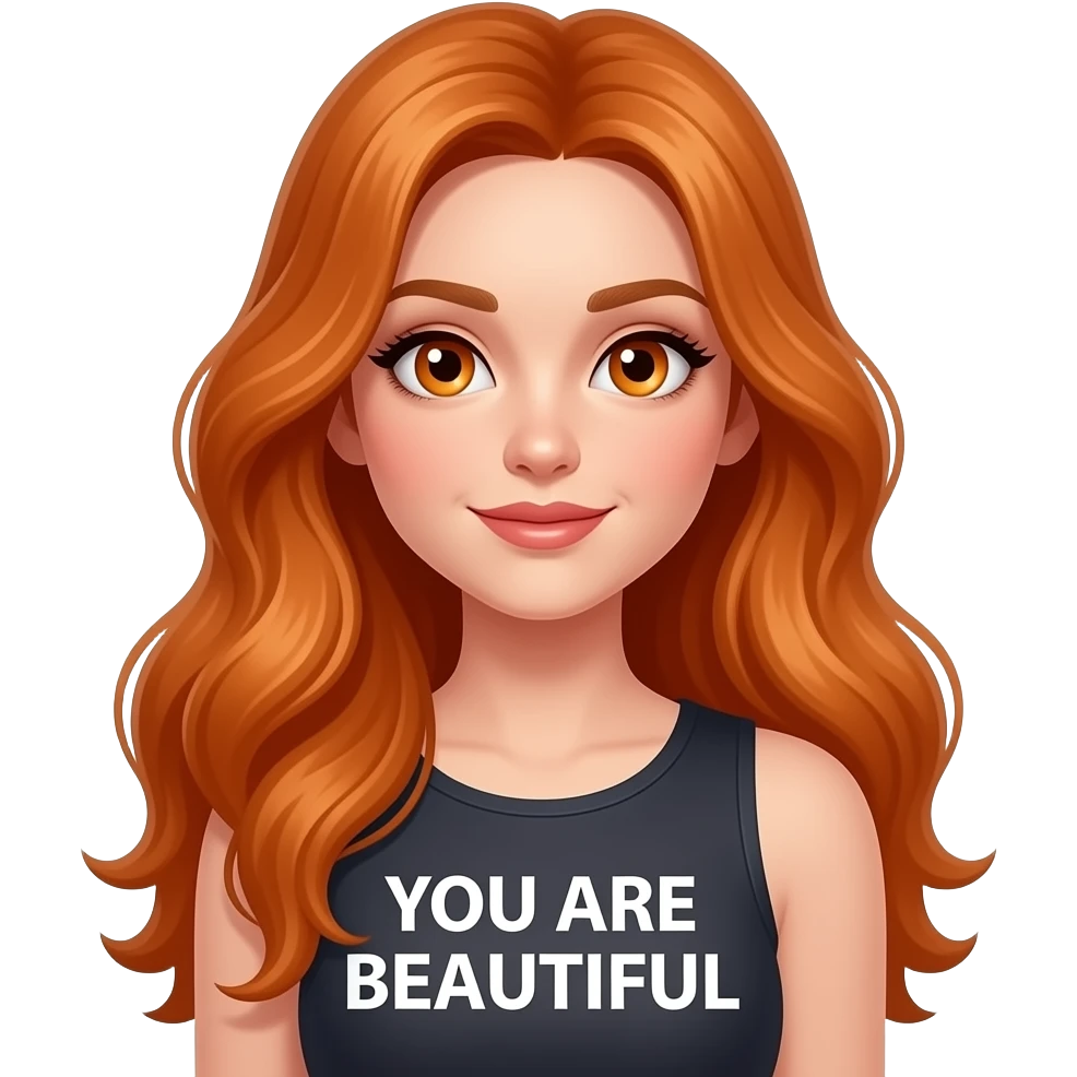 sexy girl with overlong ginger hair and ginger eyes a top with YOU ARE BEAUTIFUL written on it emoji
