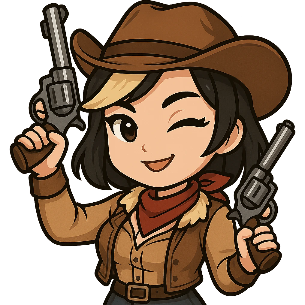 Chibi cowgirl with slightly longer hair and a blonde streak, wearing a cowboy hat and western outfit, holding two revolvers, pose with one gun raised, winking expression, chibi/anime style, transparent background, sized for Twitch or Discord use. emoji