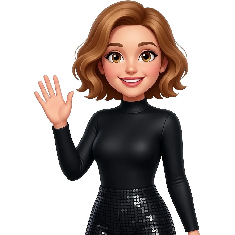 glamours,-tanned,-very-beautiful-girl,-with-big-pump-peach-beige-rose-lips,-long-long-lashes,-honey-silky-very short- hair,-wavy-hair,-hazel-eyes-in-black-long-sleeves-bodysuit-black sequinned pants- waving- happy- from waist up. emoji