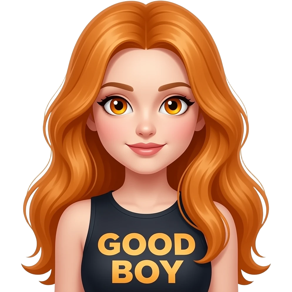 sexy girl with overlong ginger hair and ginger eyes a top with GOOD BOY written on it emoji