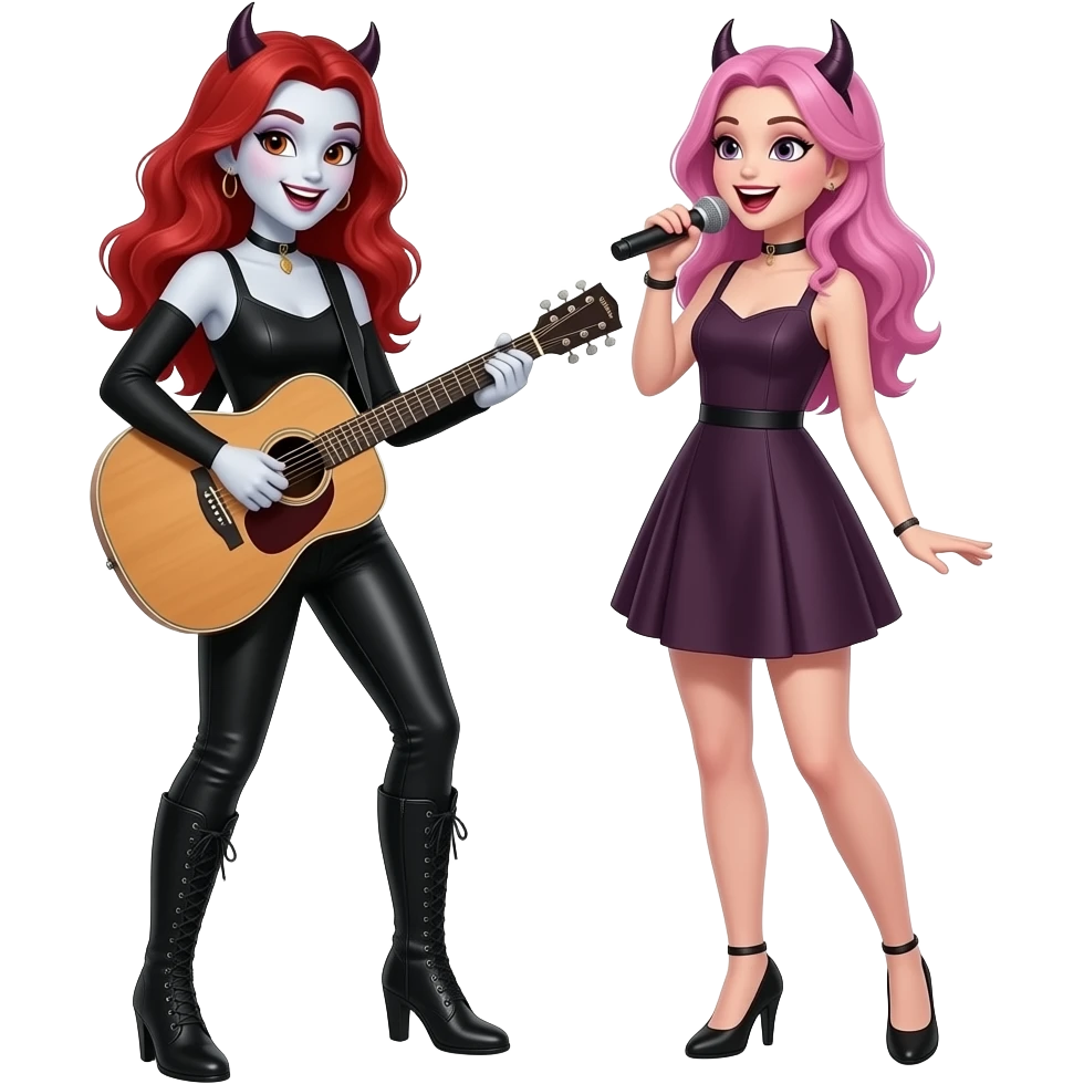 Vampiro femmina ADOLESCENTE con pelle bianca e capelli rosso ondulati lunghi che indossa dei pantaloni di pelle neri un top nero con maniche e degli stivali lunghi con tacco che  suona una chitarra di legno e la sua amica VAMPIRA con i capelli rosa femmina con un vestito corto canta e sono felici emoji